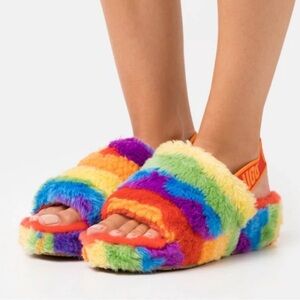 UGG Fluff Yeah Cali Collage Rainbow Sheepskin Fur Slippers Slides Pride Fuzzy